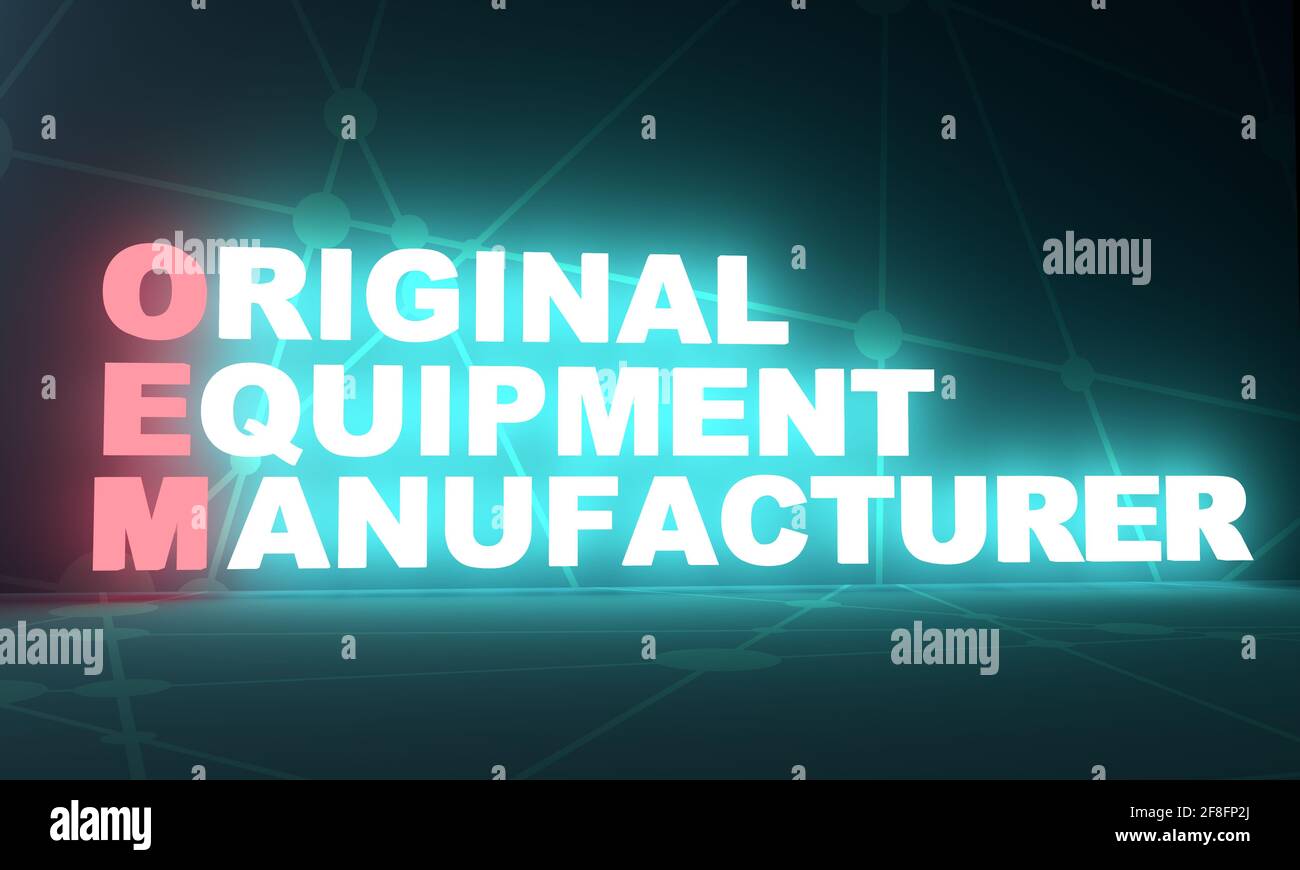 OEM - Original Equipment Manufacturer acronym, business concept background. 3D rendering. Neon bulb illumination Stock Photo