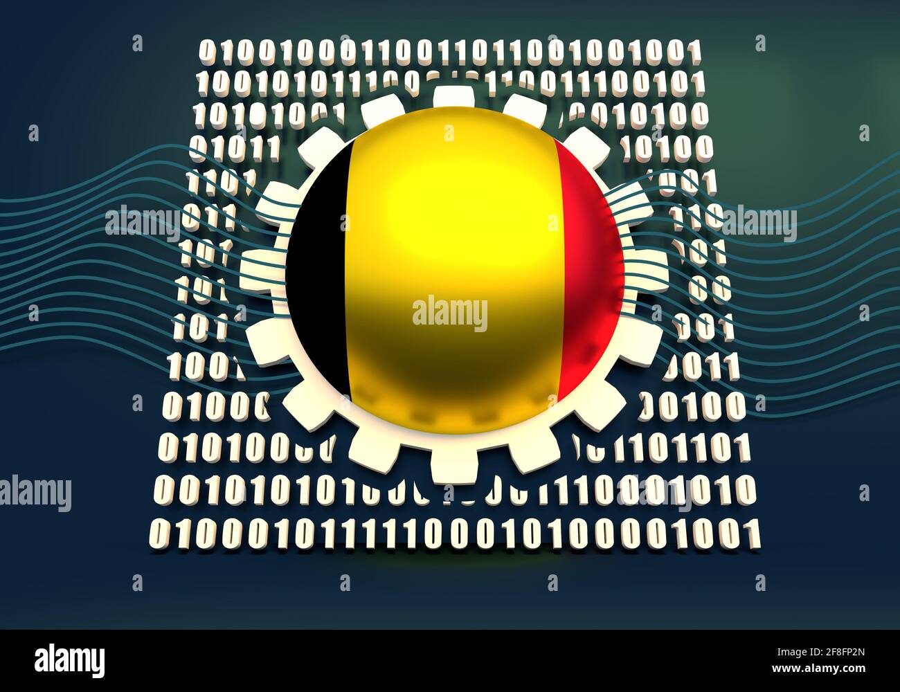 Binary code background with gear and flag of the Belgium. Algorithm binary, data code, decryption and encoding. 3D rendering Stock Photo