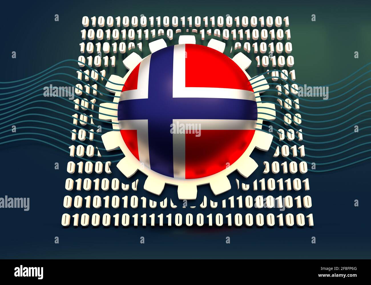 Binary code background with gear and flag of the Norway. Algorithm binary, data code, decryption and encoding. 3D rendering Stock Photo