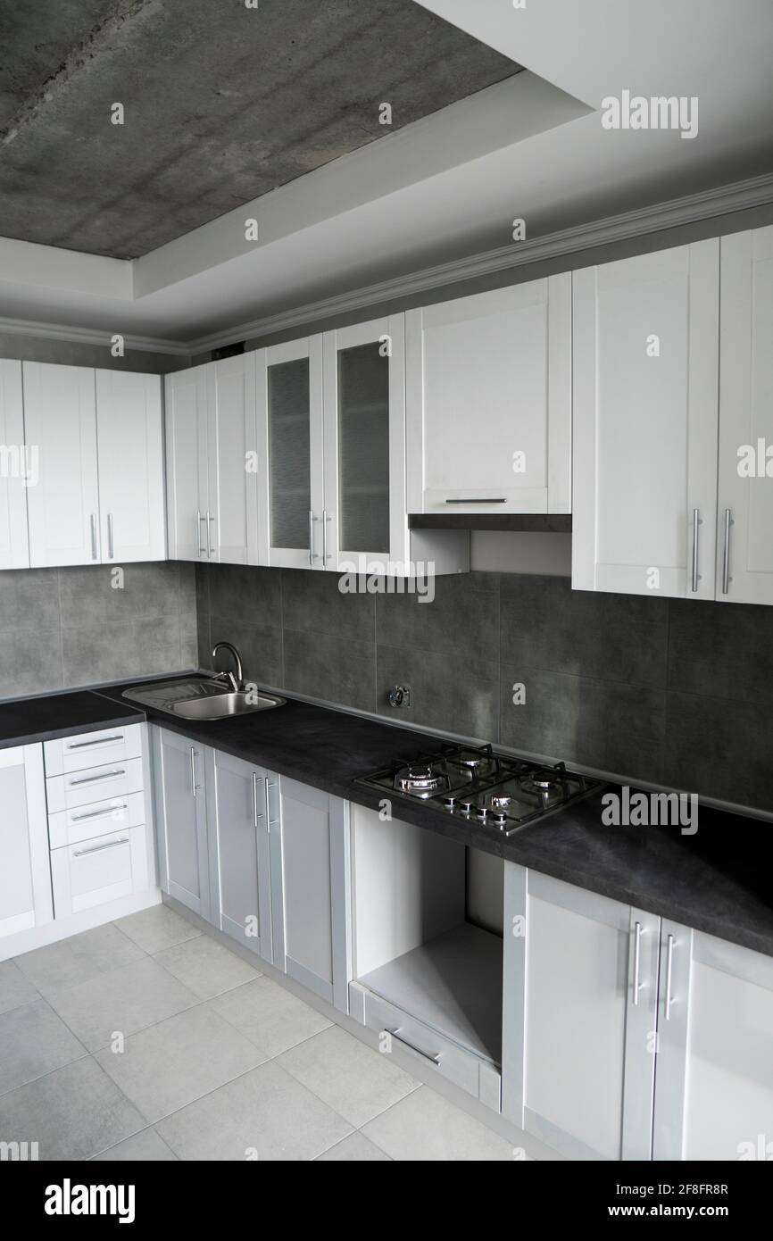 Modern minimalism style kitchen interior in monochrome tones. Custom