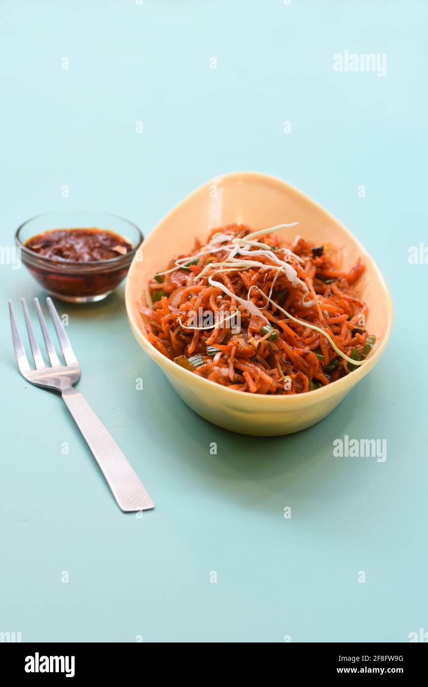 Schezwan Noodles or Manchurian Hakka or vegetable Hakka Noodles or chow mein indochinese food