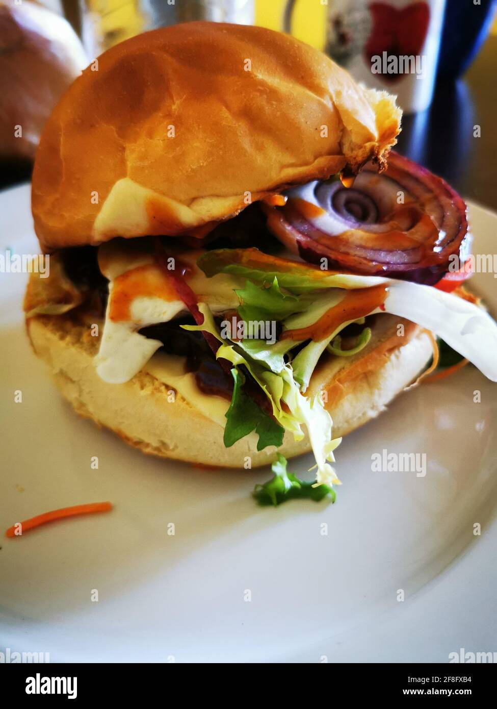Closeup of a delicious vegetarian burger served at a health restaurant Stock Photo