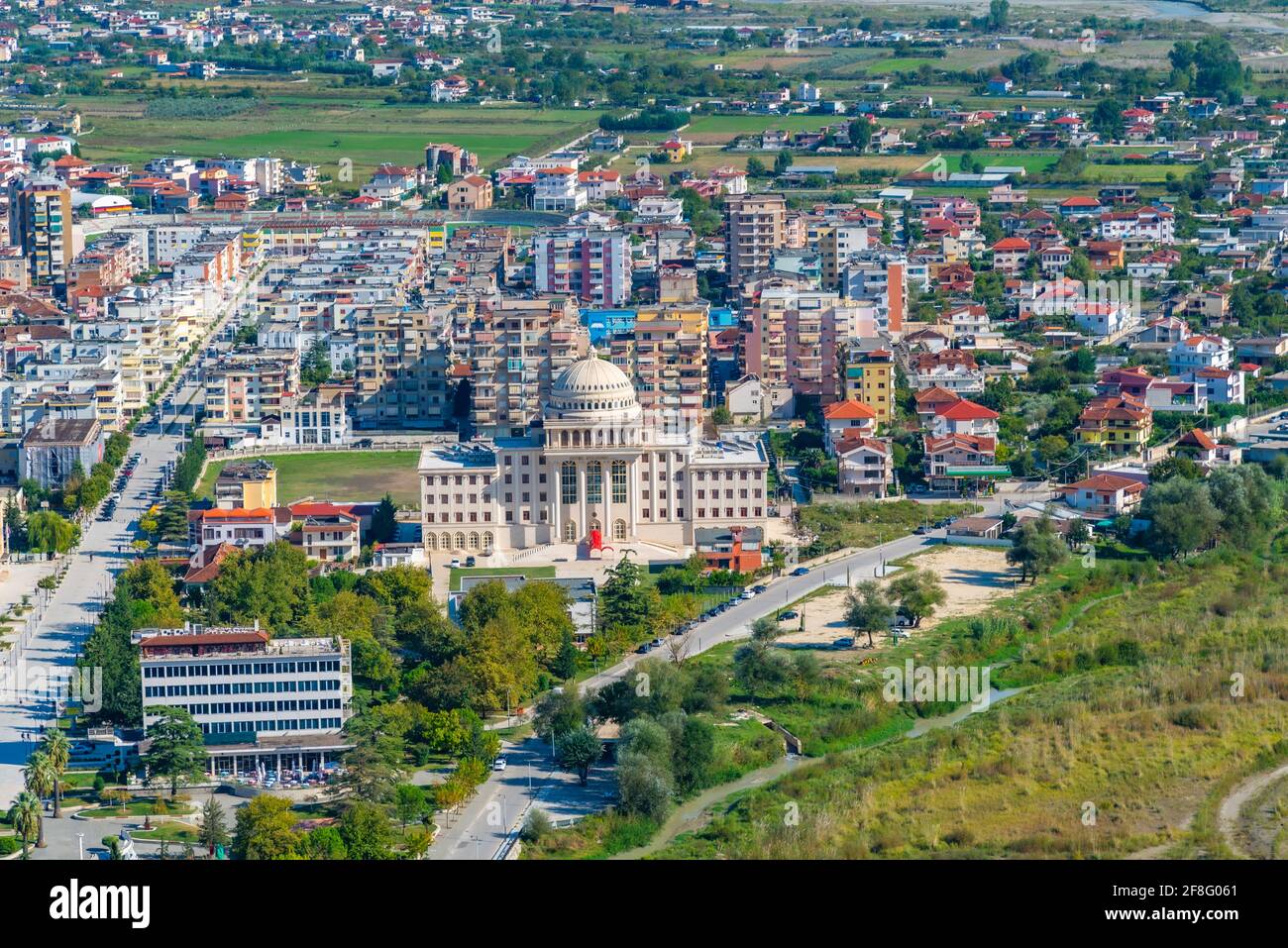 Aerial view of Berat dominated by the Albanian University, Albania