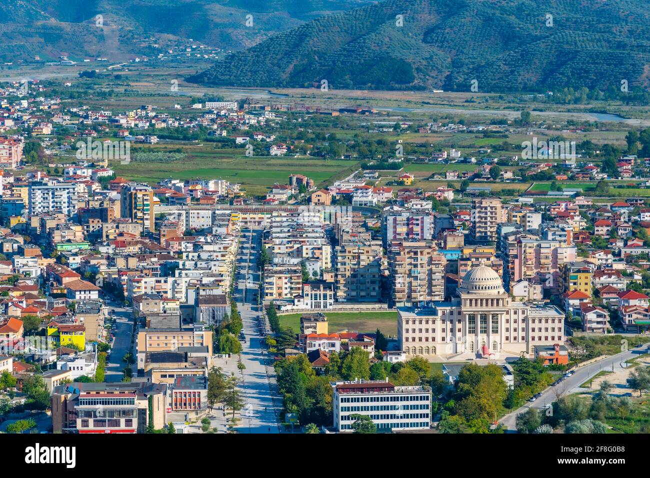 Aerial view of Berat dominated by the Albanian University, Albania