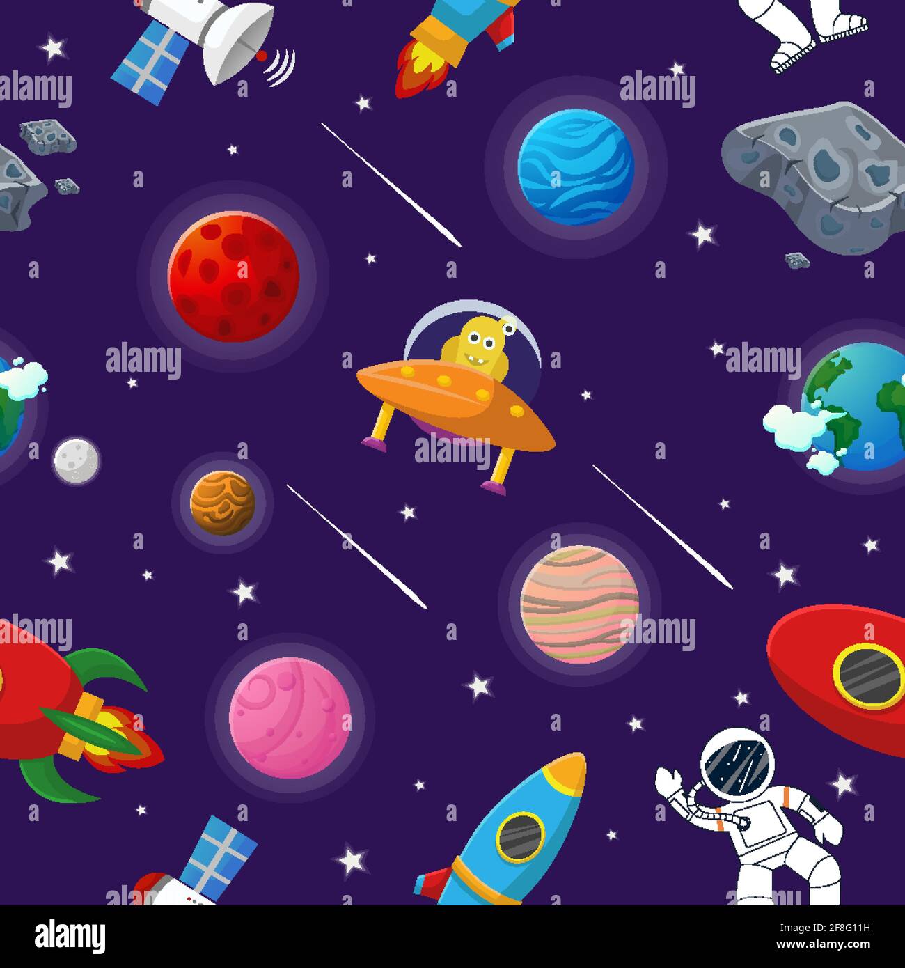 Galaxy pattern cartoon style. Astronaut with rocket and alien in the open  space Cute design for kids fabric and wrapping paper. Flat cartoon style  Stock Vector Image & Art - Alamy
