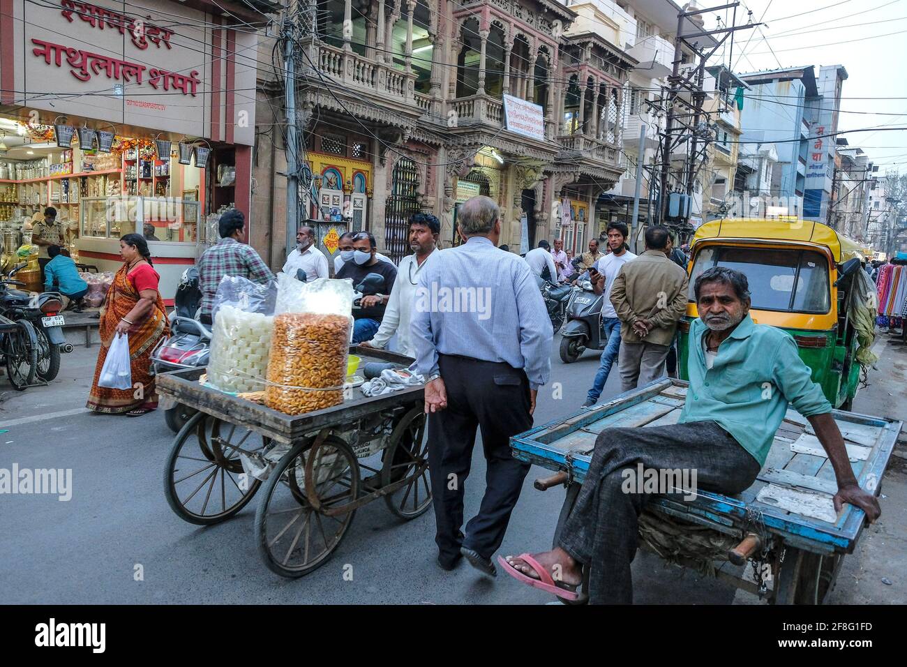 Indore, India March 2021 People walking the streets of the Sarafa
