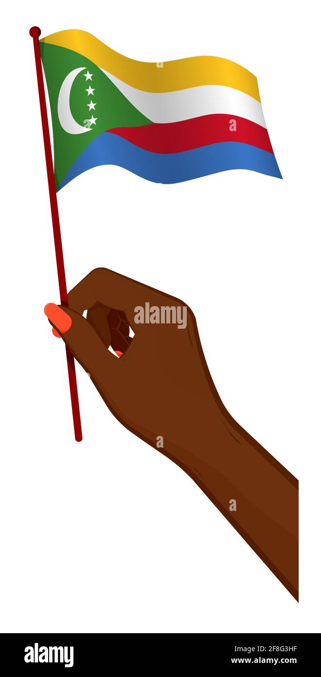 Female hand gently holds small flag of Comoros islands. Holiday design element. Cartoon vector on white background Stock Vector