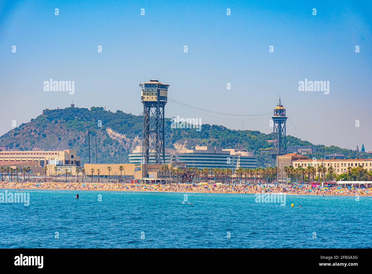 Cable car over Barceloneta beach in Barcelona, Spain Stock Photo