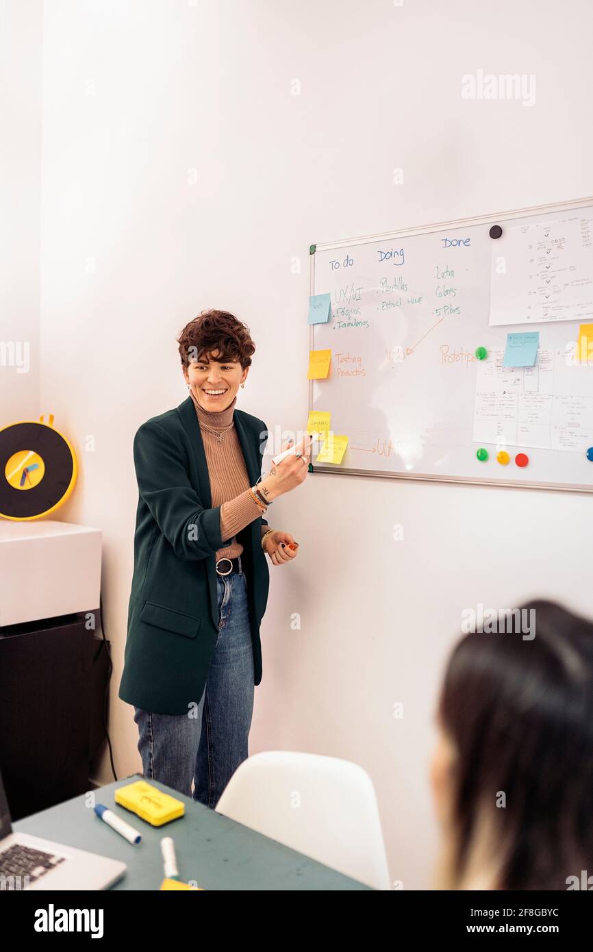 Young business woman writing in whiteboard during brainstorming process. Stock Photo