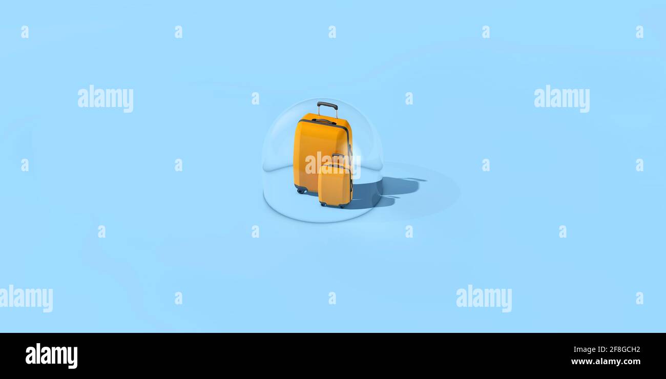 Coronavirus holiday travel bubble. Suitcase in a protective bubble 3D Rendering Stock Photo