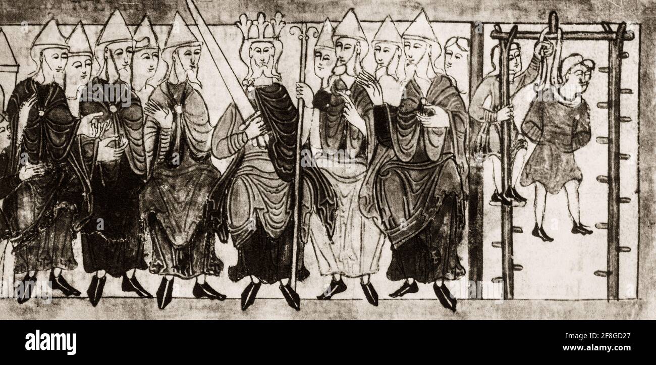 Anglo-Saxon king with his witan, after passing judgment (to hang) on his chief baker and chief cupbearer. The Witenaġemot aka the Witan was a political institution in Anglo-Saxon England which operated from before the 7th century until the 11th century. The Witenagemot was an assembly of the ruling class whose primary function was to advise the king and whose membership was composed of the most important noblemen in England, both ecclesiastic and secular. Stock Photo