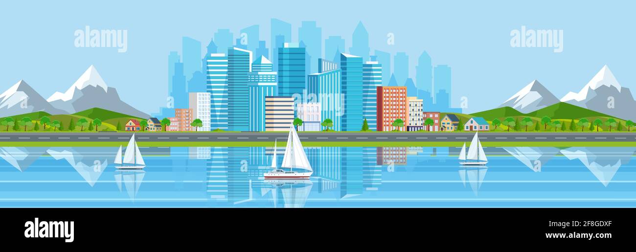 Landscape with buildings, mountains Stock Vector