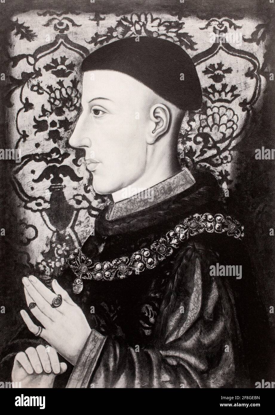 A portrait of Henry V 1386-1422), also called Henry of Monmouth, he was King of England from 1413 until his death in 1422. Despite his relatively short reign, Henry's outstanding military successes in the Hundred Years' War against France made England one of the strongest military powers in Europe and Henry is known and celebrated as one of the greatest warrior kings of medieval England. Stock Photo
