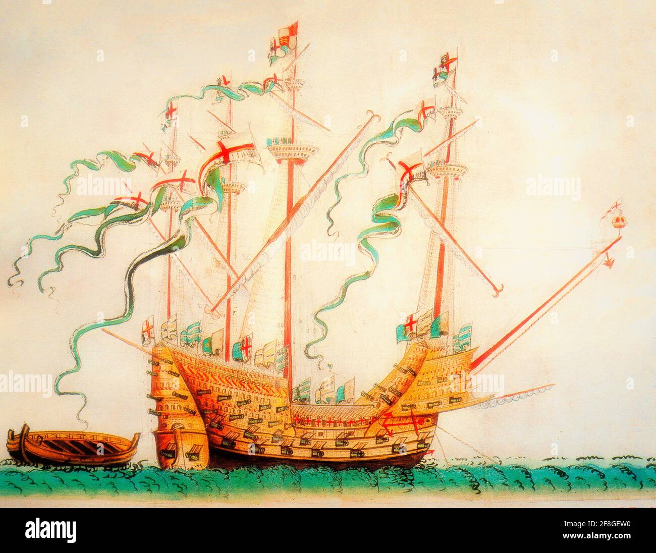 The Henry Grace à Dieu, aka Great Harry, an English carrack of the King's Fleet in the 16th century and in her day the largest warship in the world serving as Henry VIII's flagship. Illustration as depicted in the Anthony Roll, a written record of ships of the English Tudor navy of the 1540s, named after its creator, Anthony Anthony. NB This colour version has been digitally corrected to remove page folds, (most of the) blemishes and imperfections. Stock Photo