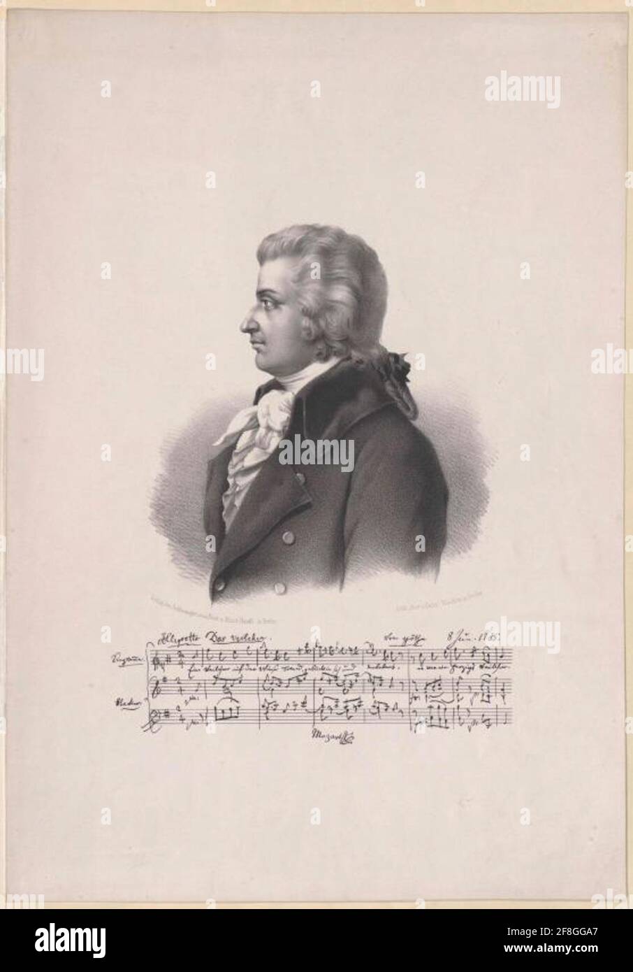 Mozart, Wolfgang Amadeus Half Figure LinksProfil; including facsimiles of the name train and autograph of the first bars of 'violet' 8.6.1789. Lith. Inst. Gebr. Waldow-Berlin. Stock Photo