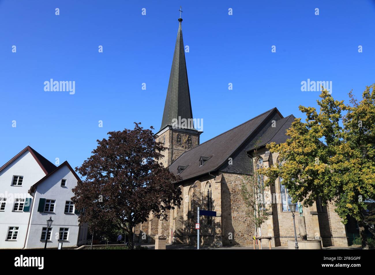 Muelheim an der Ruhr city in Germany. Old Town architecture in Kirchenhuegel area. Petrikirche - Evangelical Lutheran protestant church. Stock Photo