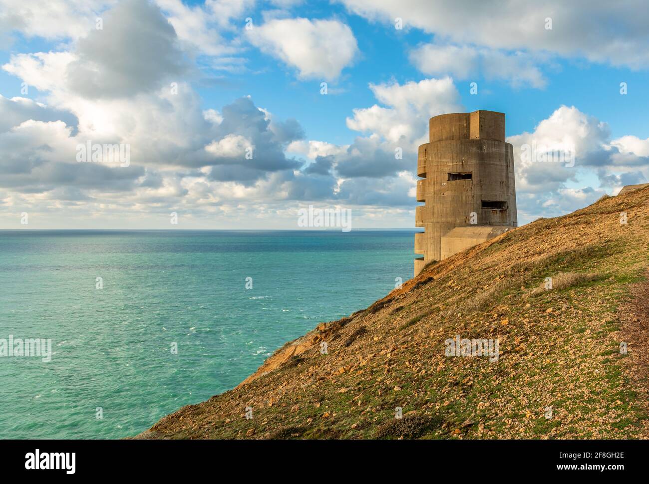 WWII concrete nazi naval tower on the seashore, Saint Quen, bailiwick of Jersey, Channel Islands Stock Photo