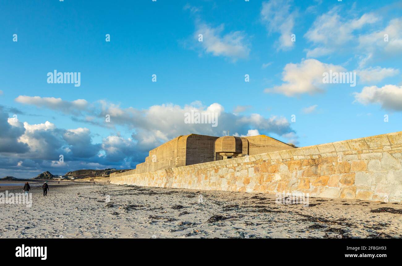 WWII concrete nazi bunker on the seashore of Saint Ouens Bay, bailiwick of Jersey, Channel Islands Stock Photo