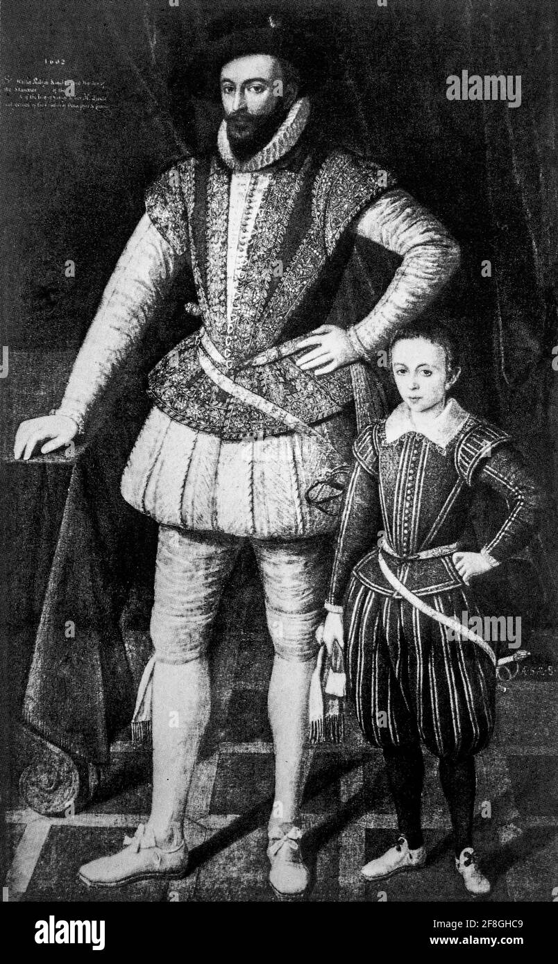 A portrait of Sir Walter Raleigh and his son. Raleigh (1552-1618) was an English statesman, soldier, spy, writer, poet, explorer, and landed gentleman. One of the most notable figures of the Elizabethan era, he played a leading part in English colonisation of North America, suppressed rebellion in Ireland, helped defend England during the Spanish Armada and held political positions under Elizabeth I. Stock Photo