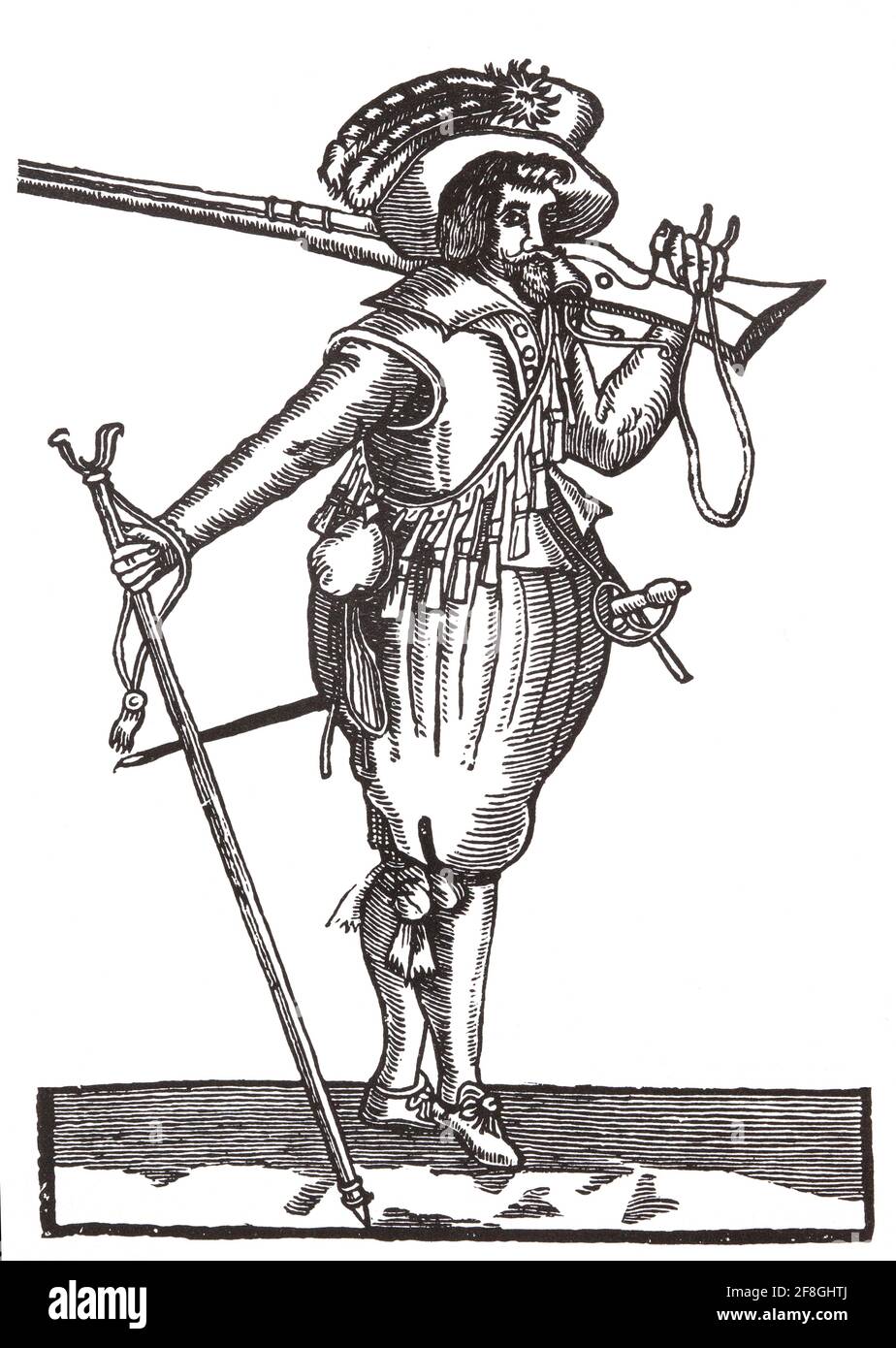 17th century musketeer, the forerunners of the rifleman, were an important part of early modern armies, particularly in Europe as they normally comprised the majority of their infantry. The musket could fire at most, two rounds per minute, and was accurate upto about 30 meteres. In this illustration the musketeer has a wooden support required when firing the weapon. Stock Photo
