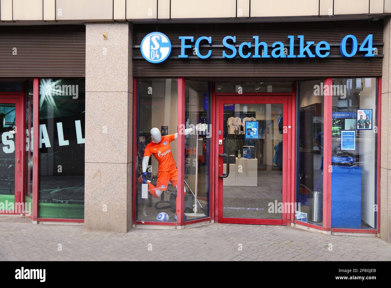 GELSENKIRCHEN, GERMANY - SEPTEMBER 17, 2020: FC Schalke 04 official sports team merchandise store in Gelsenkirchen, Germany. FC Schalke 04 is a profes Stock Photo