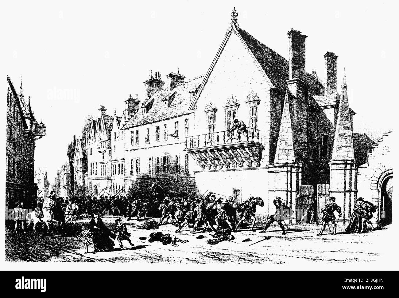 A street fight outside Moray House in the Canongate, Edinburgh  shortly after it was built in 1625. King James I supposedly remarked on the Scots fondness for a fight. At the time the Canongate with open spaces was a popular place for an aristocratic townhouse. In 1643 the house passed to the Countess of Moray and the building adopted the name it still has today. Stock Photo