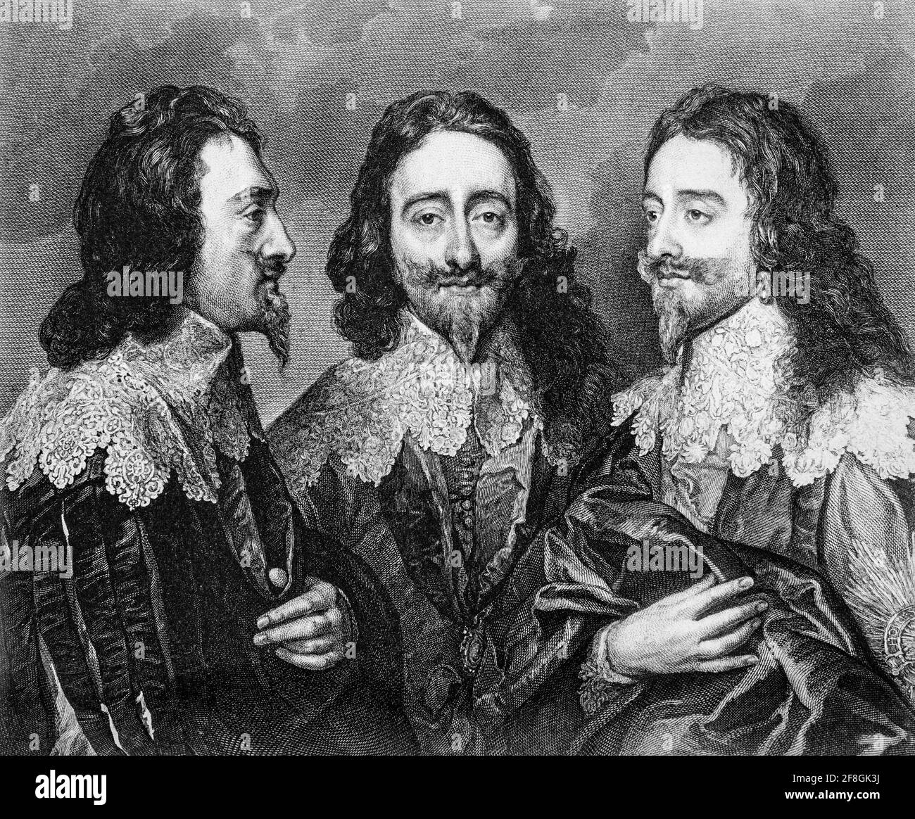 A triple portrait of Charles I (1600-1649). Born into the House of Stuart, he was king of England, Scotland, and Ireland from 27 March 1625 until his execution in 1649. Painting by Sir Anthony van Dyck (1599-1641), a Flemish Baroque artist who became the leading court painter in England. Stock Photo
