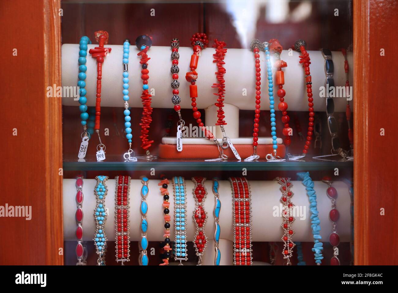 Coral jewellery in Croatia. Jewelry store window display in Korcula