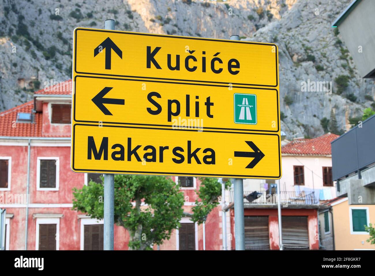 Direction signs in Croatia. Road directions to Makarska, Split and Kucice. Stock Photo