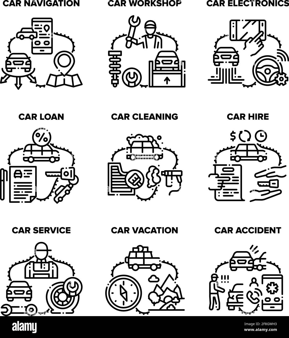 Car Repair Service Set Icons Vector Black Illustration Stock Vector ...