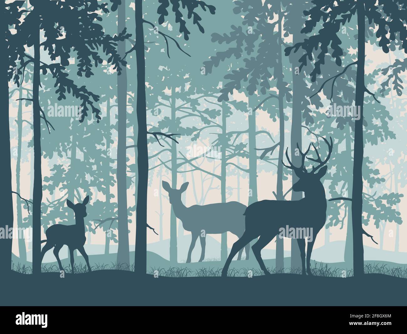 Deer with doe and fawn in magic misty forest. Squirrel on branch. Silhouettes of trees and animals. Blue background, illustration. Stock Vector