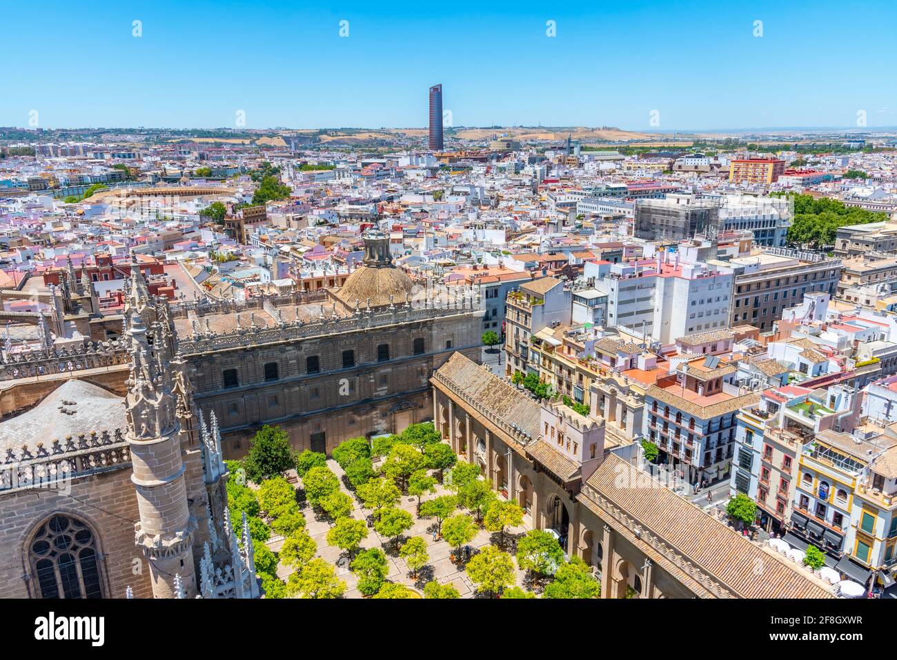 Aerial view of Sevilla from la giralda tower with bullfighting arena and Torre Sevilla, Spain Stock Photo