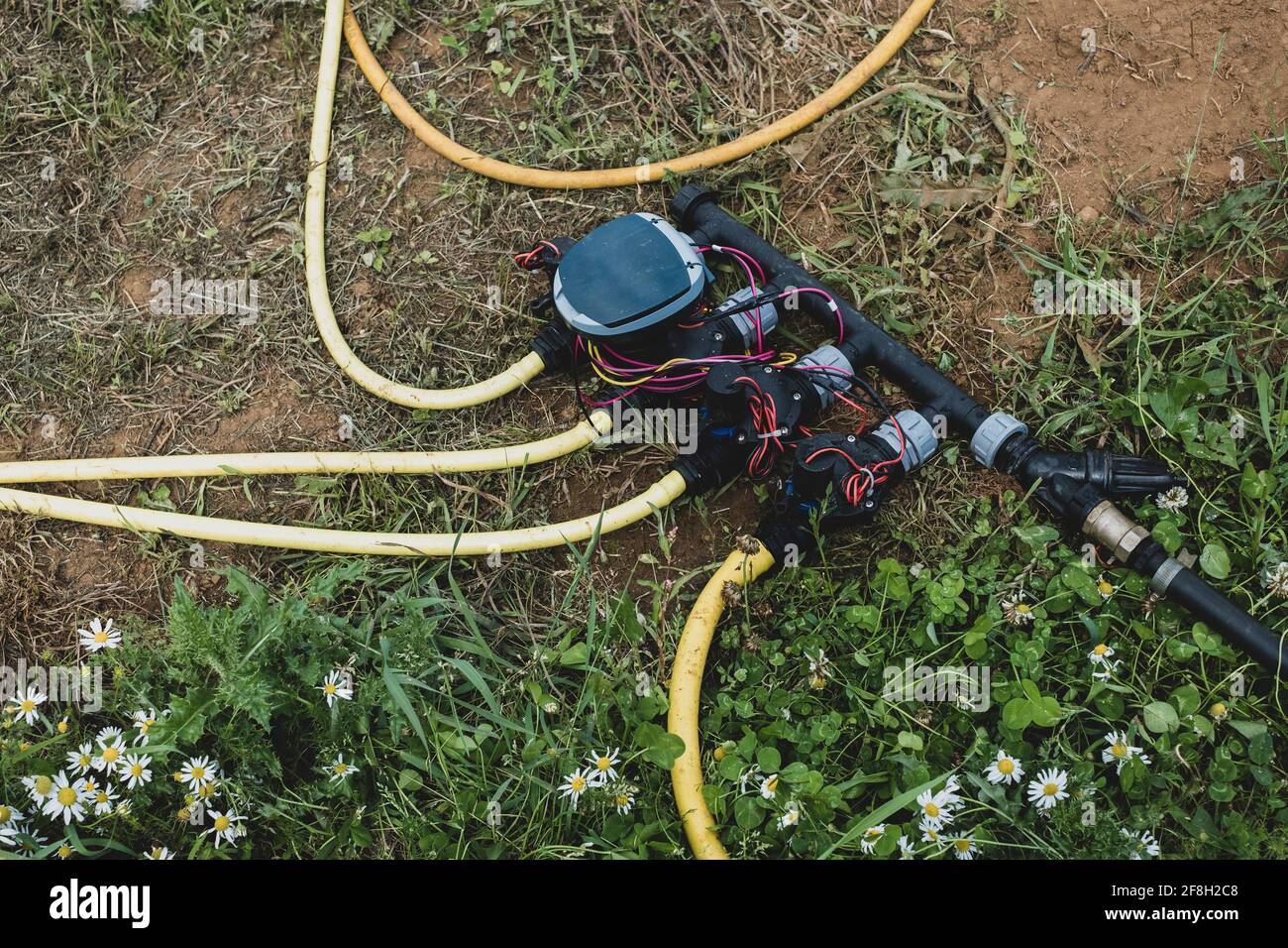 High angle close up of irrigation system in a field. Stock Photo