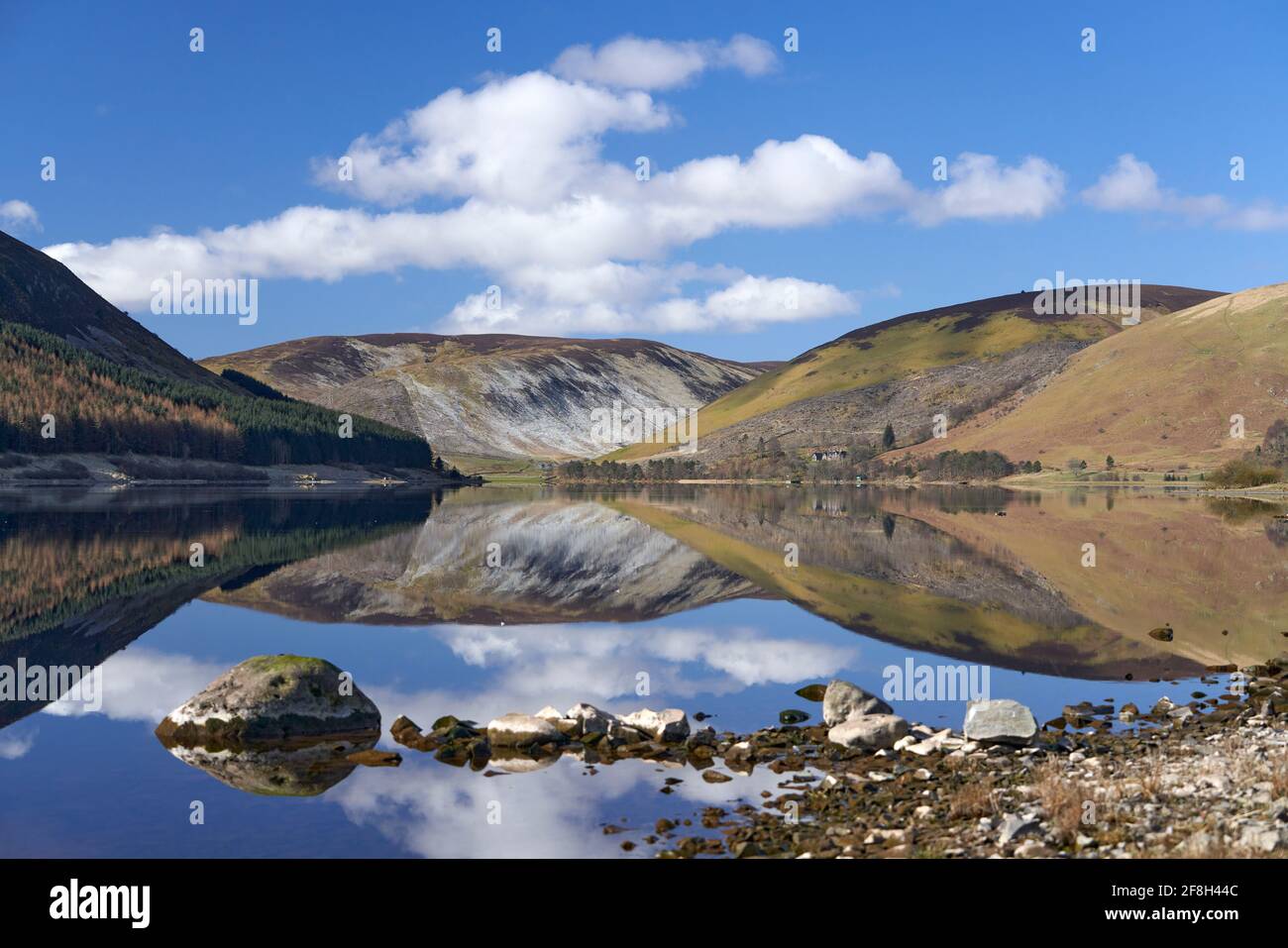 Stunning reflections of the hills surrounding St.Mary's Loch on a breathless sunny spring morning in the Scottish Borders. Stock Photo
