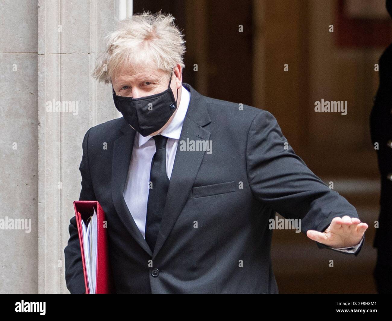 Prime Minister Boris Johnson leaves 10 Downing Street for his weekly PMQ’s with Labour Leader Kier Stramer on the 14th of April 2021 as pressure grows Stock Photo