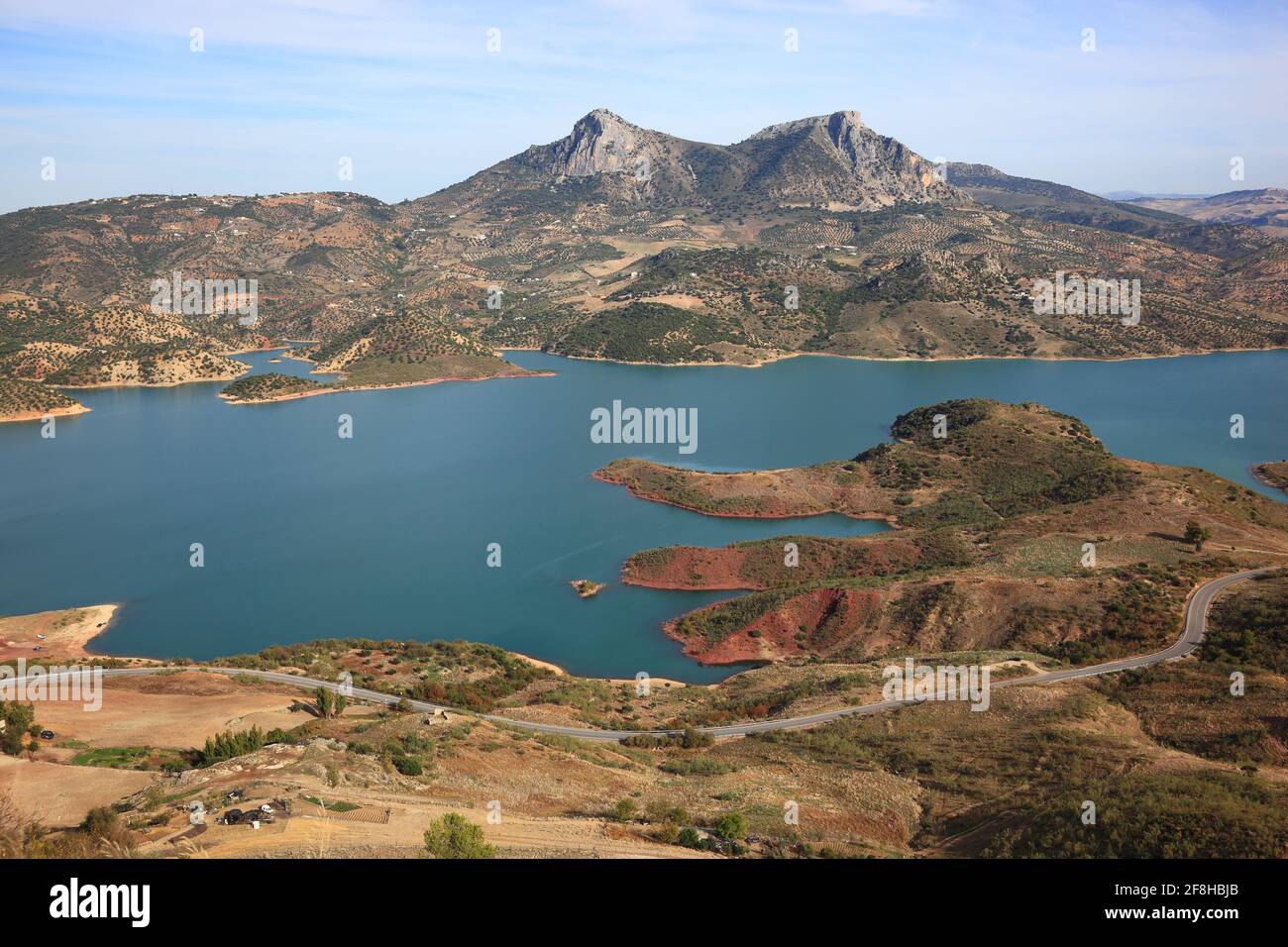 Spain, Andalusia, Zahara de la Sierra in the Provinz Cadiz, at the Ruta de los Pueblos Blancos, street to the White Towns of Andalusia, view from the Stock Photo