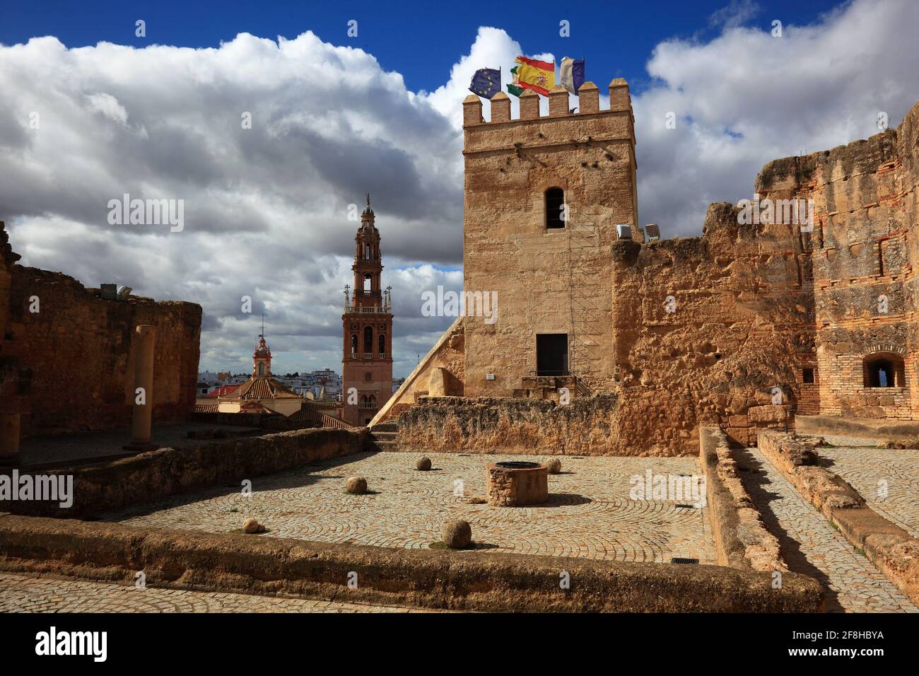 Spain, Andalusia, City Carmona in the province of Seville, view from Alkazar de la Puerta de Sevilla to Torre del Oro, den tower the cathedral San Ped Stock Photo