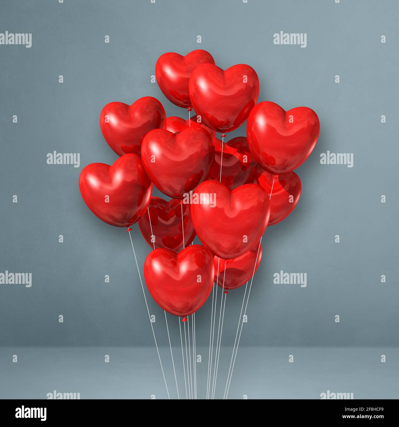 Red heart shape balloons bunch on a grey wall background. 3D ...
