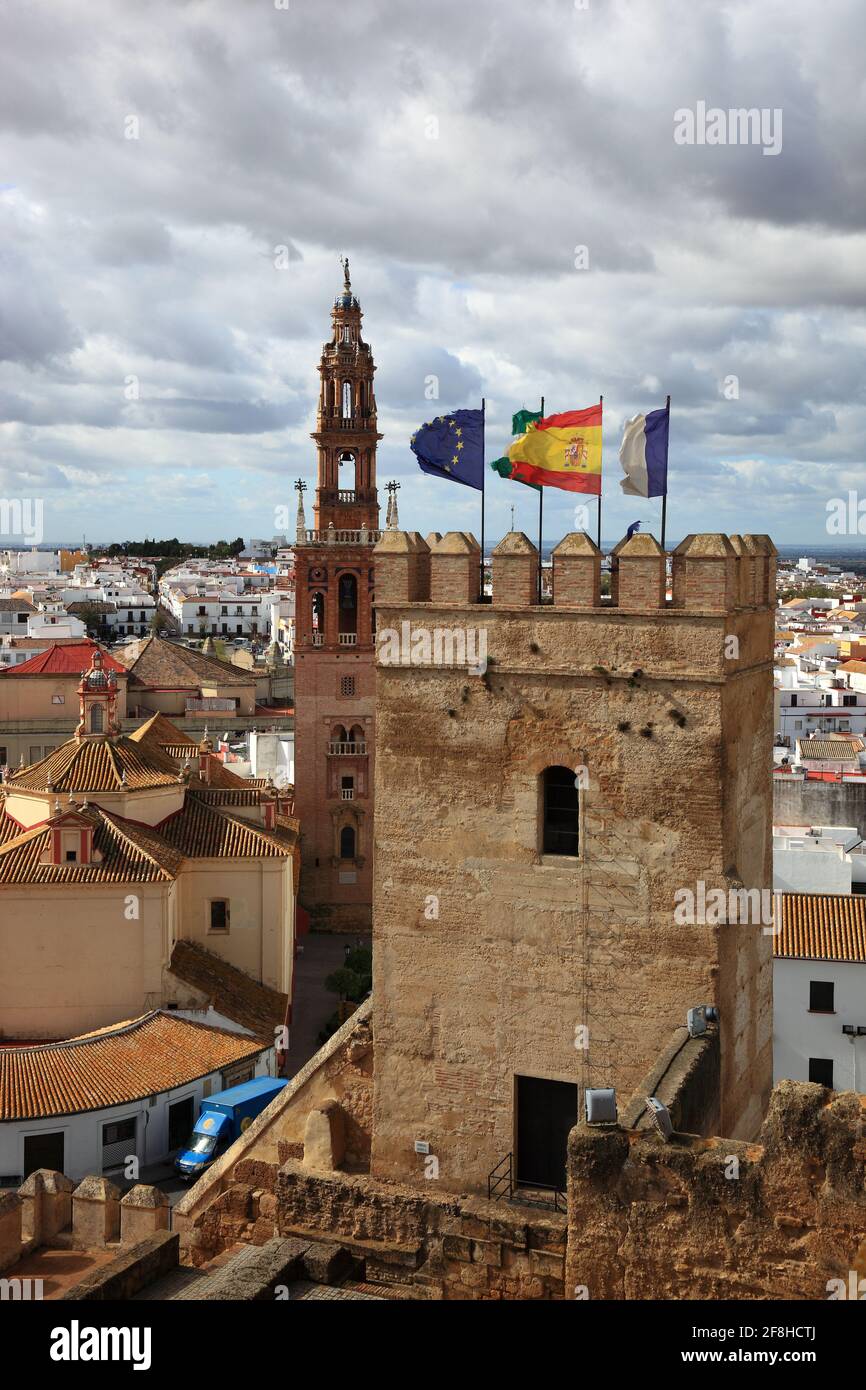Spain, Andalusia, City Carmona in the province of Seville, view from Alkazar de la Puerta de Sevilla to Torre del Oro, the cathedral San Pedro and the Stock Photo