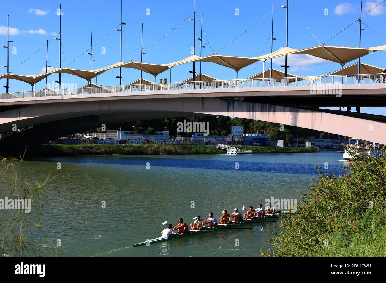 Spain, Andalusia, Seville, rowing boat on river Guadalquivir Stock Photo