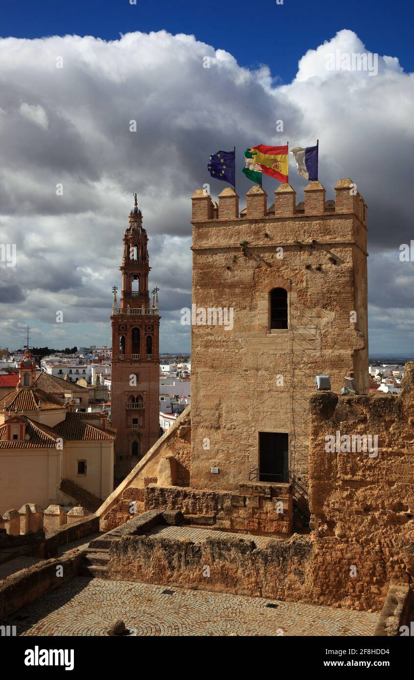 Spain, Andalusia, City Carmona in the province of Seville, view from Alkazar de la Puerta de Sevilla to Torre del Oro, den tower the cathedral San Ped Stock Photo