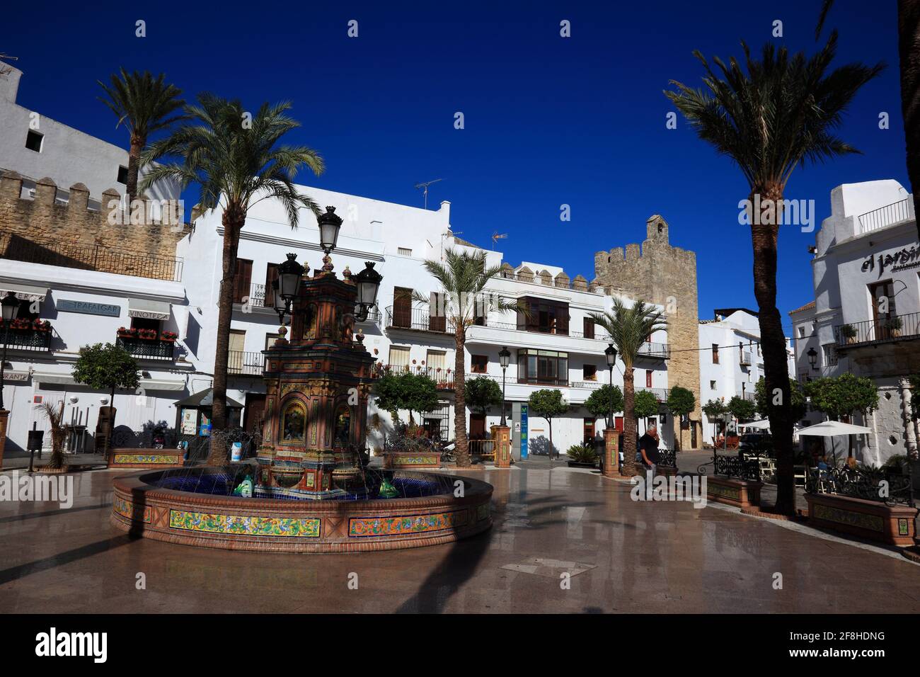 Spain, Andalusia, Vejer de la frontera, white village in Cadiz province, Marketplace with fountains in the old city at the Plaza de Espania Stock Photo