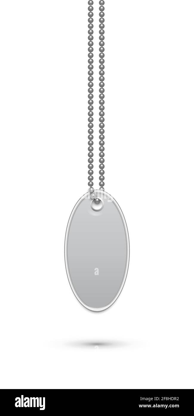 Empty oval silver military or dogs badge hanging on steel chain. Vector army object isolated on white background. Pendant with blank space for identif Stock Vector