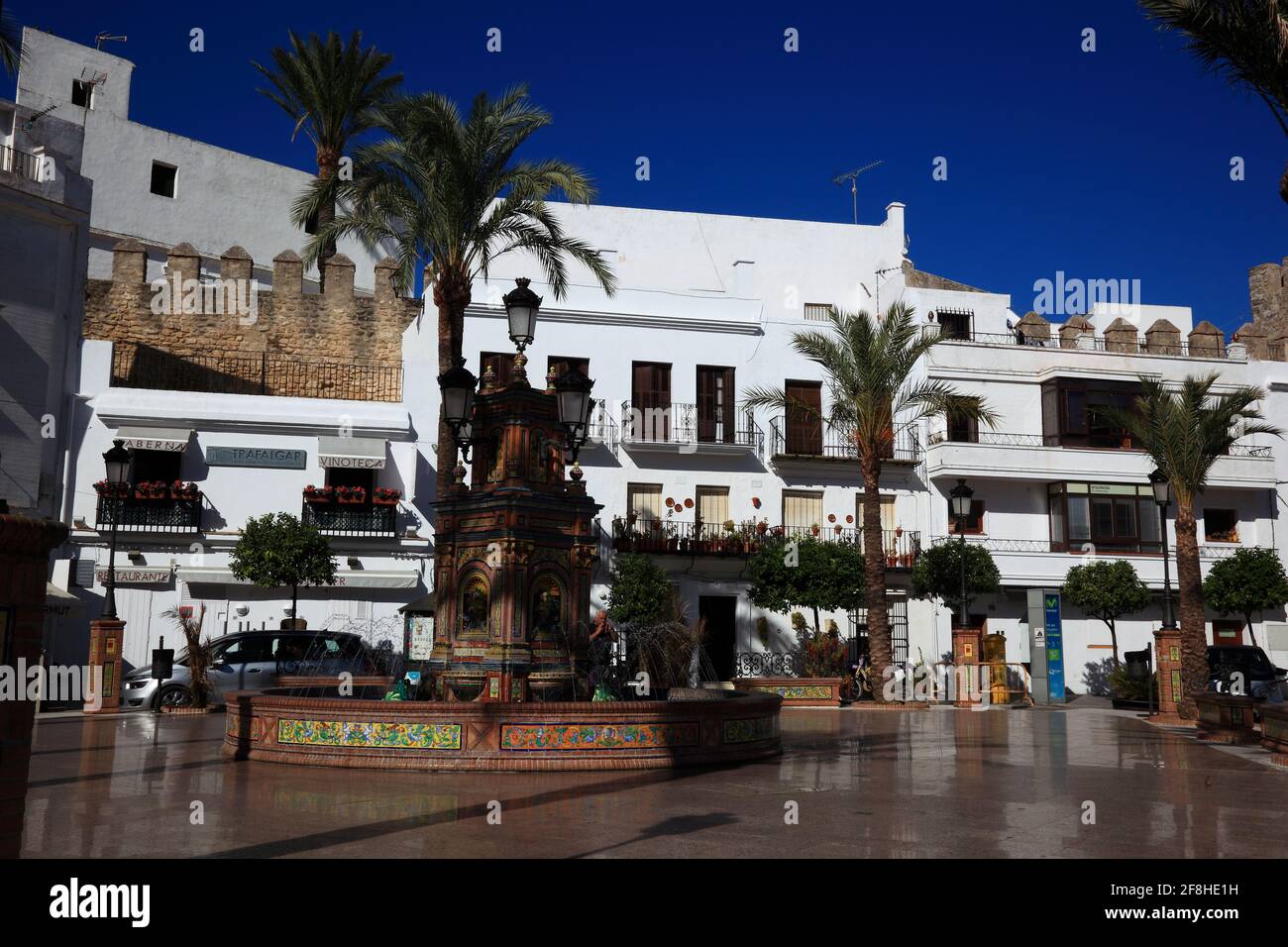 Spain, Andalusia, Vejer de la frontera, white village in Cadiz province, Marketplace with fountains in the old city at the Plaza de Espania Stock Photo