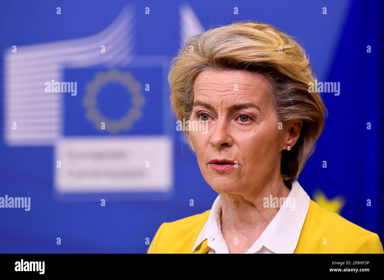 European Commission President Ursula von der Leyen delivers a statement on EU's coronavirus disease (COVID-19) vaccine strategy, following a college meeting at the EU Commission headquarters in Brussels, Belgium April 14, 2021. John Thys/Pool via REUTERS Stock Photo