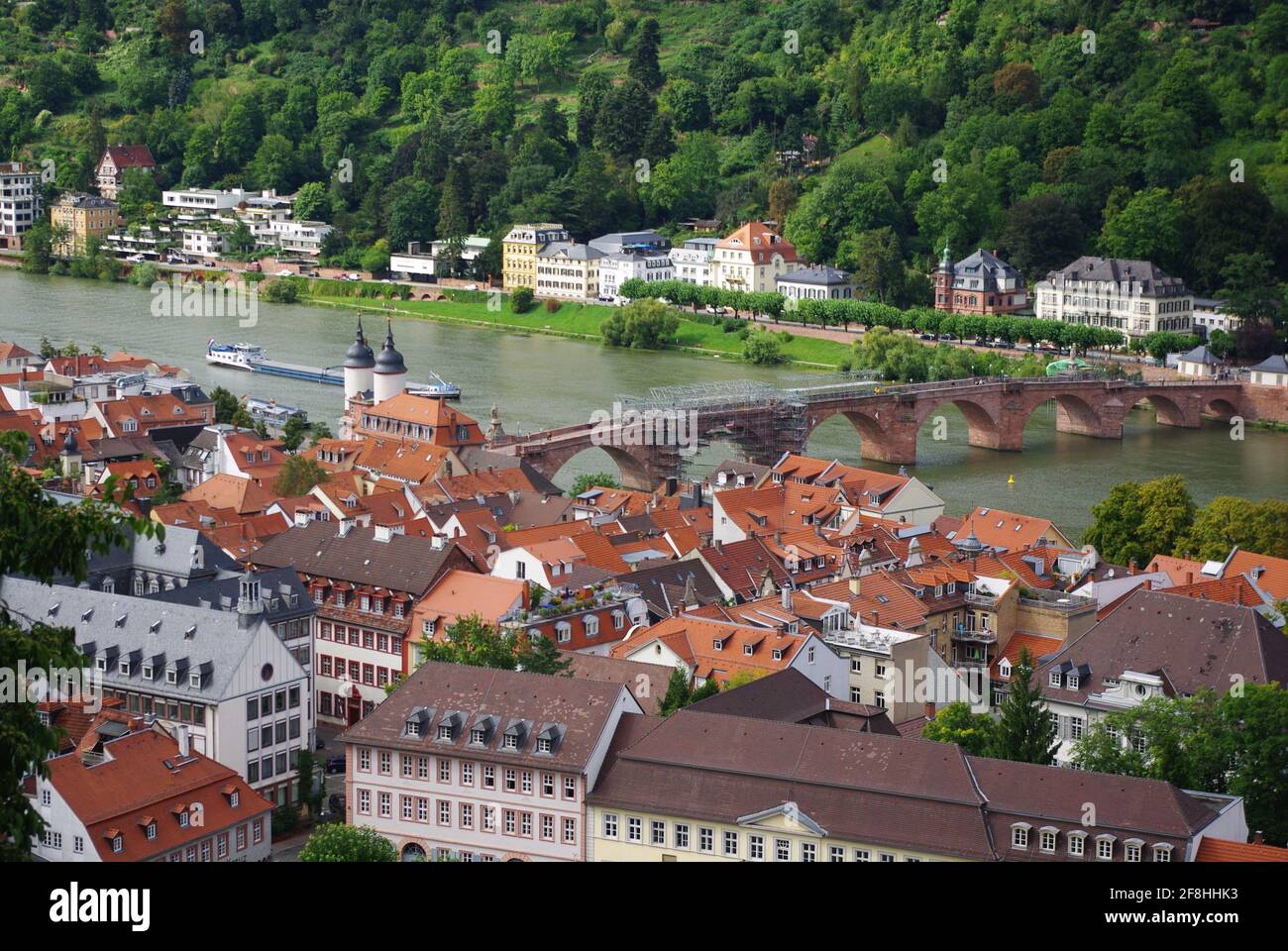 Aerial view of the City, River Neckar and the old bridge gate’s twin towers taken from the castle, Heidelberg, Baden-Württemberg, Germany Stock Photo