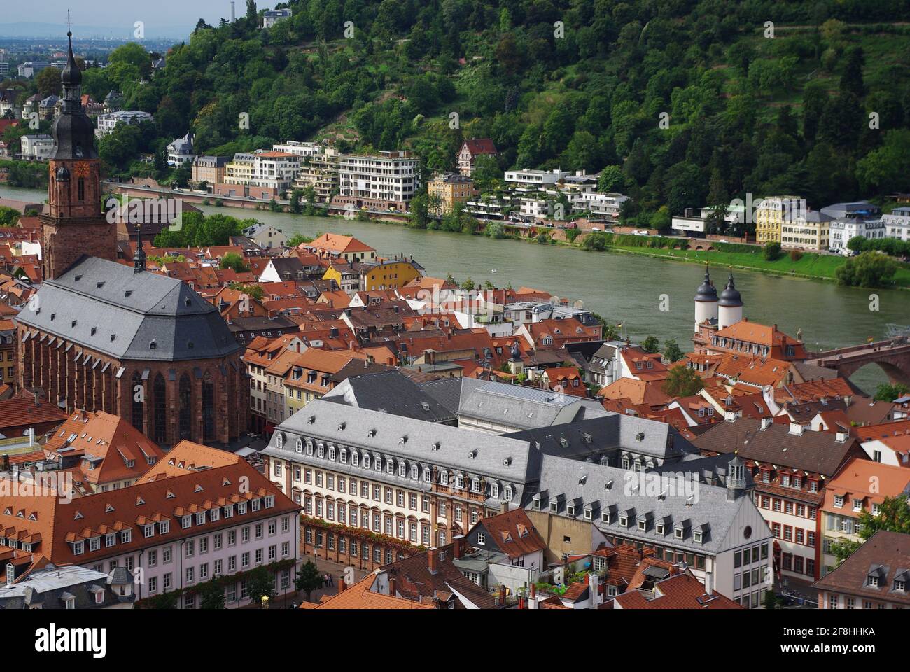Aerial view including Church of the Holy Spirit and the old bridge gate’s twin towers taken from the castle, Heidelberg, Baden-Württemberg, Germany Stock Photo