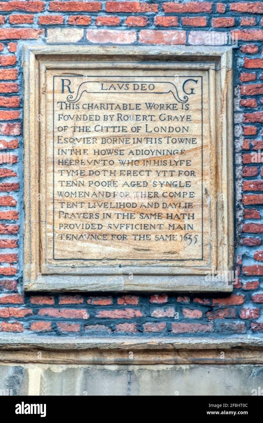 Plaque on Gray's Almshouses, Taunton. See details in description. Stock Photo