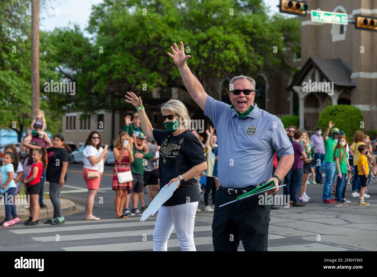 Baylor Bears hold up their Bearclaws during the Men's Basketball Championship Parade on Tuesday, April 13, 2021 in Waco, TX. On April 5, 2021, the Baylor Men's Basketball team beat the previously undeafted Gonzaga Bulldogs to win the NCAA Division I Men's Basketball Tournament. (Photo by Jennifer Lake/Sipa USA) Credit: Sipa USA/Alamy Live News Stock Photo