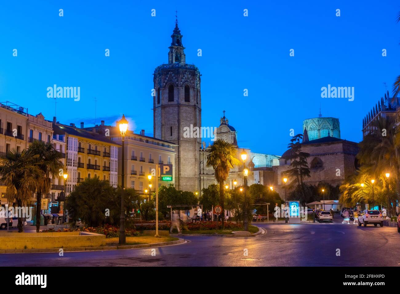 Night view of Cathedral in Valencia from Plaza de la Reina, Spain Stock Photo